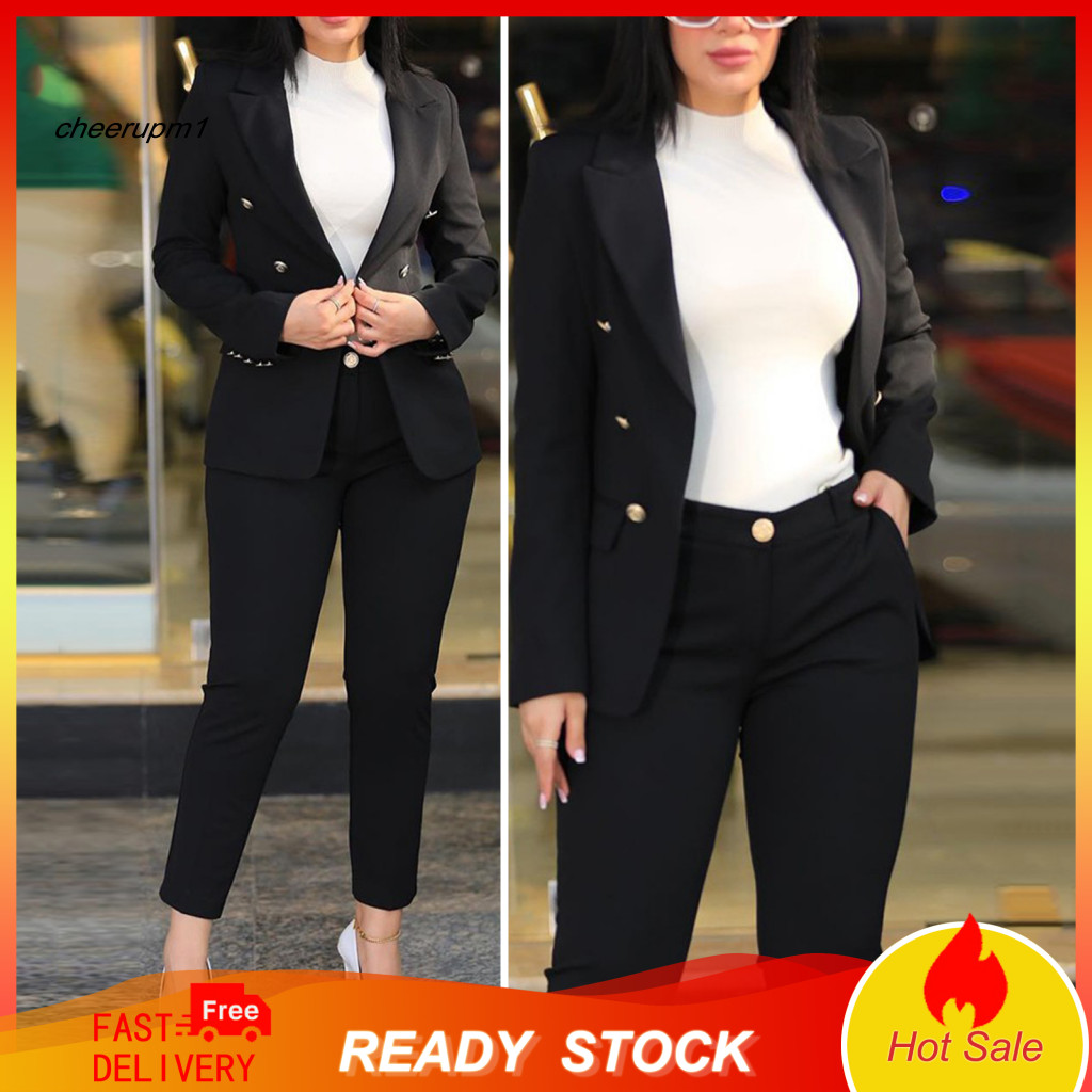 Women Coat Pants Set Formal 2 Pcs Suit – Long Sleeve Double Button Cardigan High Waist Straight Elegant Business Offic