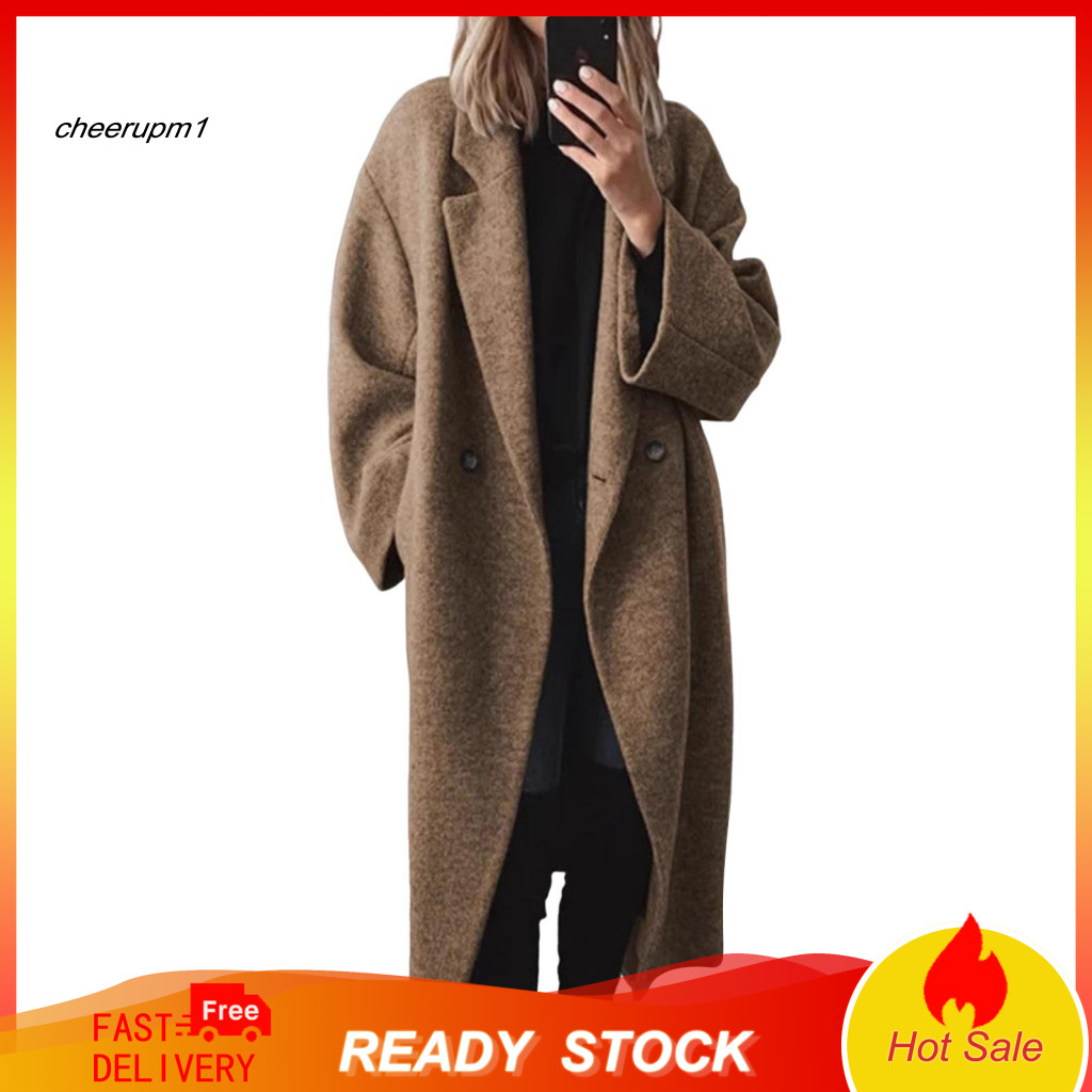 Warm Women Cardigan Windbreaker Lightweight Jacket Women’s Woolen Mid-length Double Button Coat Turn-down for Spring f