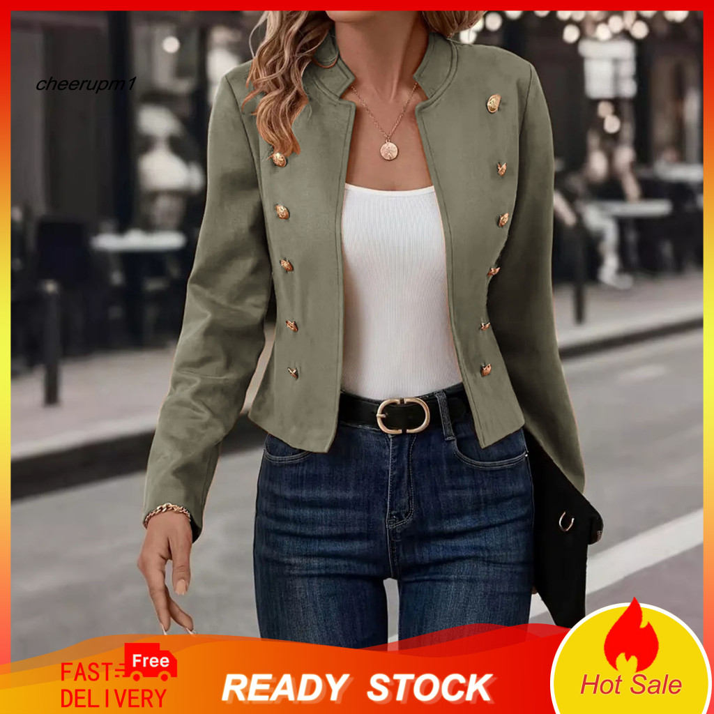 Slim Fit Cardigan Jacket Coat Women’s Stand Collar Double Breasted Short Blazer Long Sleeve Solid Color Business Suit