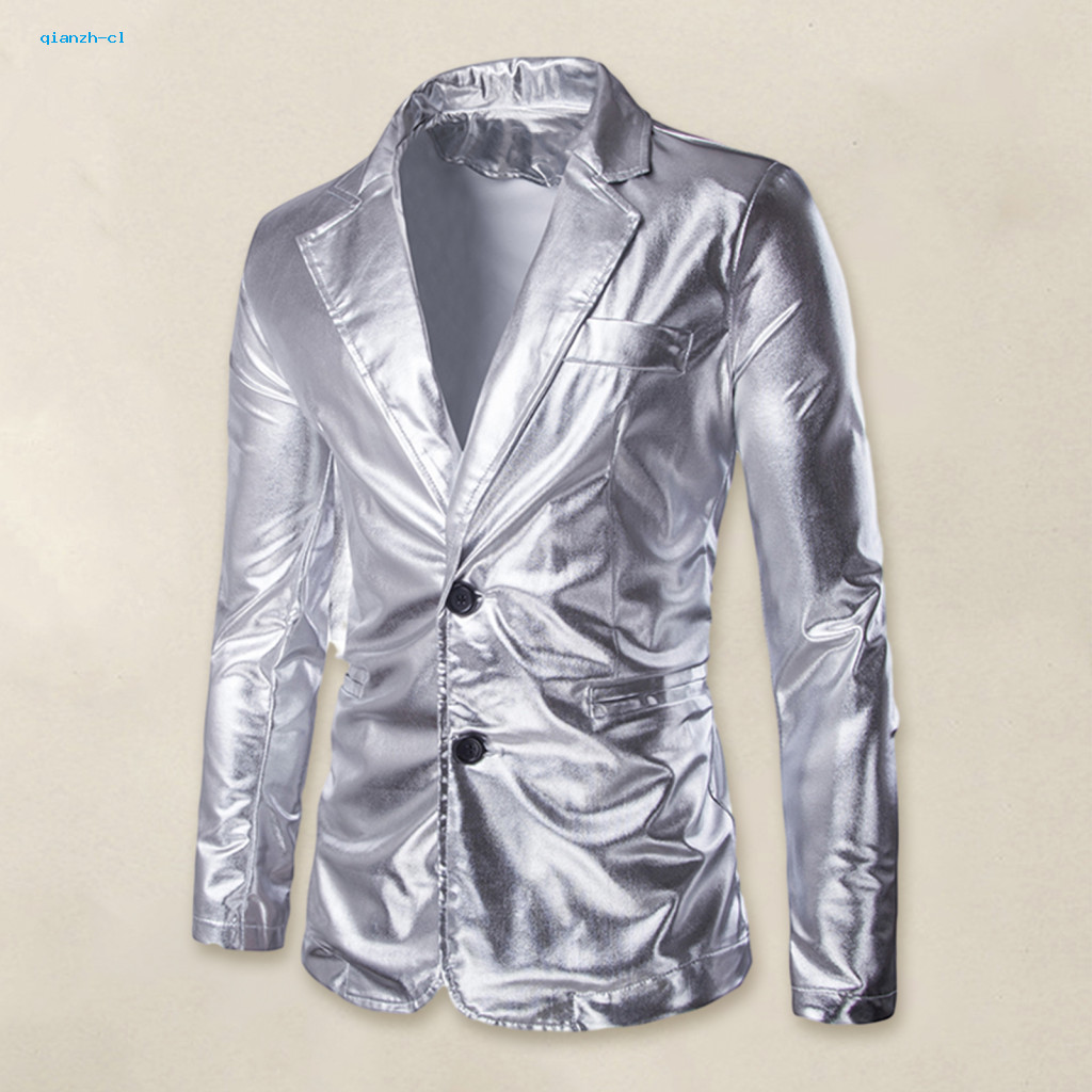 Men Suit Jacket Solid Color Lapel Men's Glossy Coat Double Button Cardigan Turn-down Collar Long Sleeve Mid-length for W