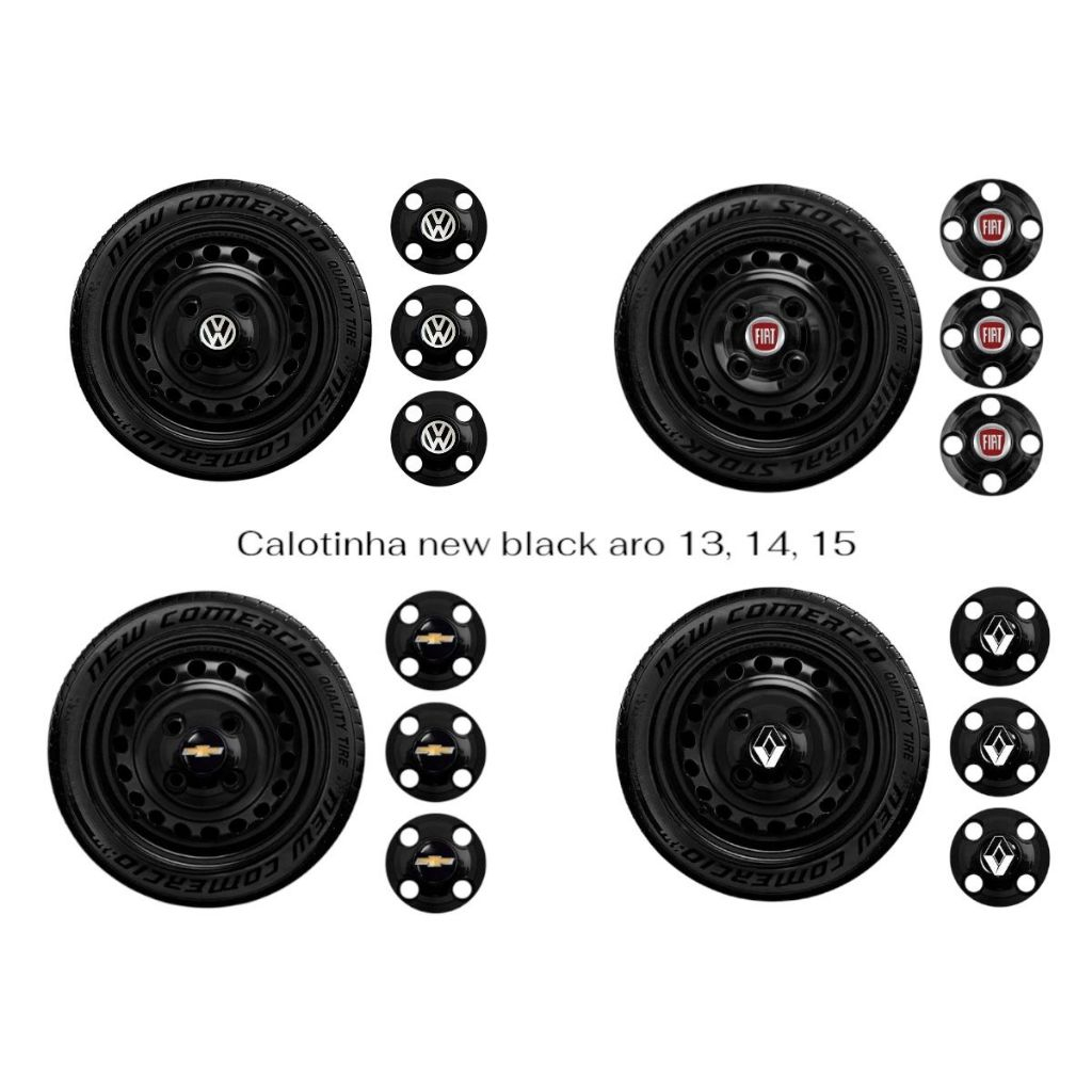 Calotinha Central New Black emblema resina FIAT, VOLKSWAGEN, RENAULT, CHEVROLET