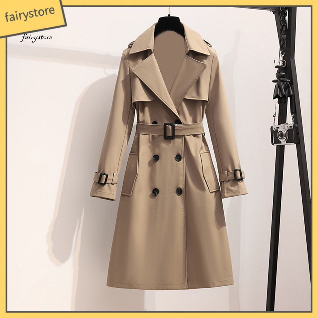 Women Trench Coat Winter Women’s Double Breasted Long with Belt – Stylish Notch Lapel Overcoat for Fall Windproof Cl