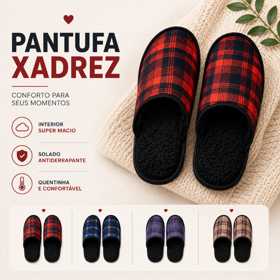Pantufa Masculina Xadrez Peluciada - chinelo de inverno - Senza Spina - pantufa quentinha confortável