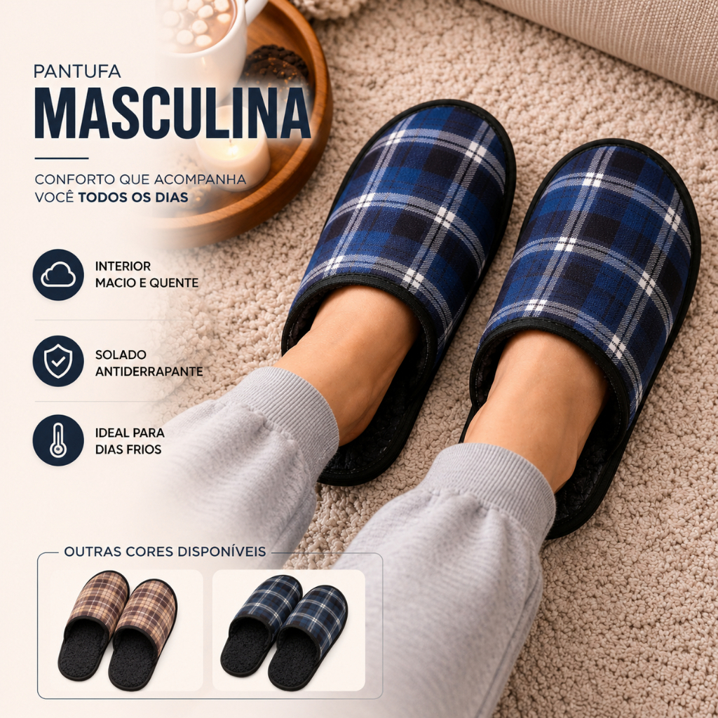 Pantufa Masculina Xadrez Quente Inverno Chinelo de Casa Macio Confortável Antiderrapante