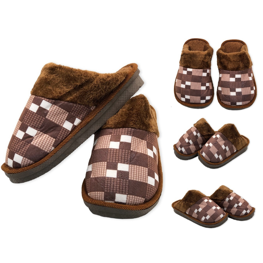 Pantufa Masculina Xadrez de Pelúcia Antiderrapante para Frio Inverno Marrom