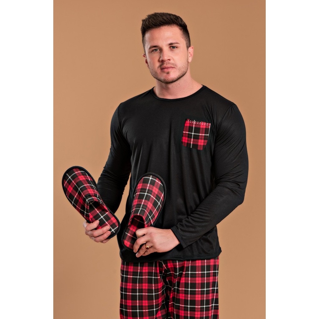 Pijama Masculino Bolso Xadrez Vermelho + Pantufa Masculino Xadrez Vermelho