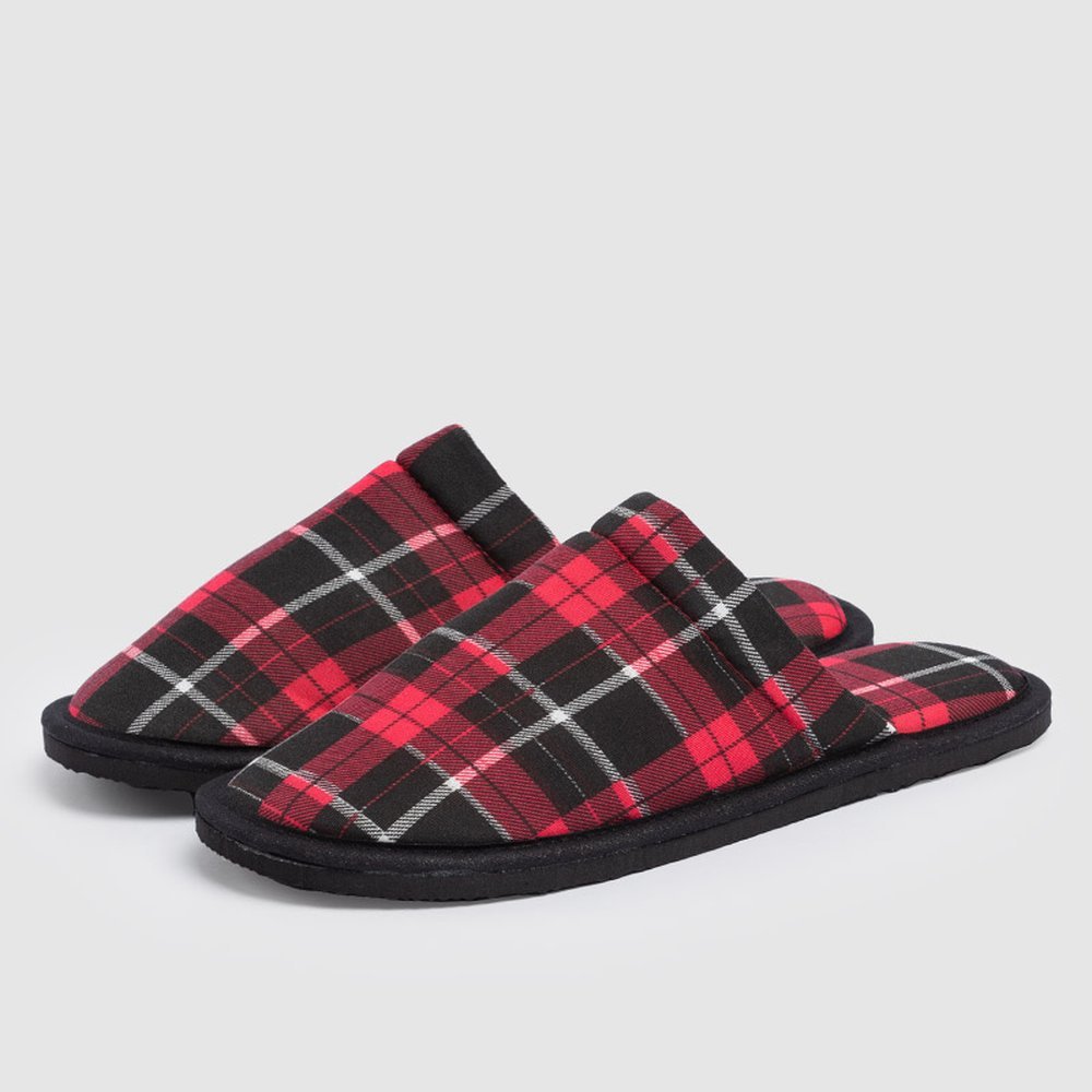Pantufa Masculino Xadrez Vermelho Confortável Macia