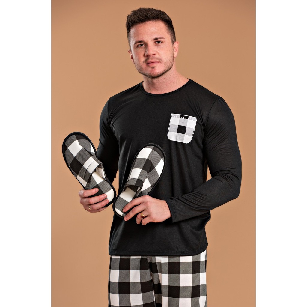 Kit Pijama Masculino Bolso Xadrez com Pantufa Xadrez Preto