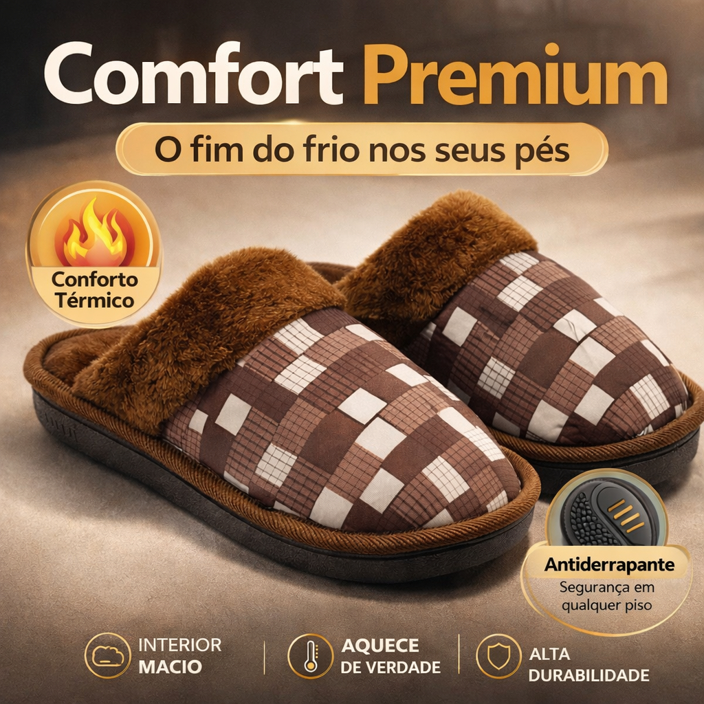 Pantufa Masculina Xadrez Marrom 40/41 – Confortável, Quente e Antiderrapante para Inverno