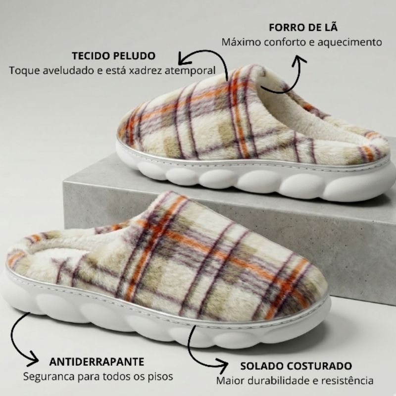 Pantufa Feminina Masculina Xadrez Solado Nuvem Costurado Chinelo De Quarto Inverno Peluciado Antiderrapante