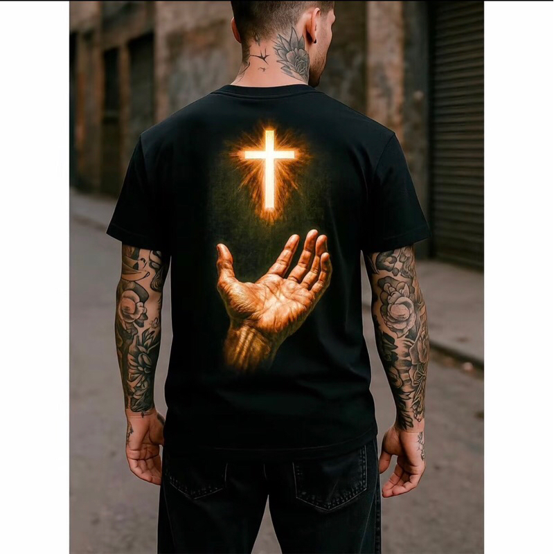 Camiseta Masculino Cruz Dourada Brilhante 100% Algodão Sucesso de venda nova tendência blusa casual Premium