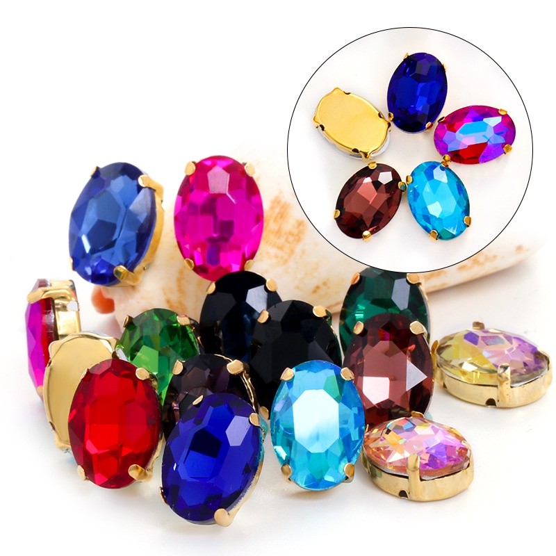 Venda Quente Formato Oval Diamante De Cristal Brilhante Com Base Dourada Strass De Vidro Para Bolsas/Sapatos/Chapéus DIY