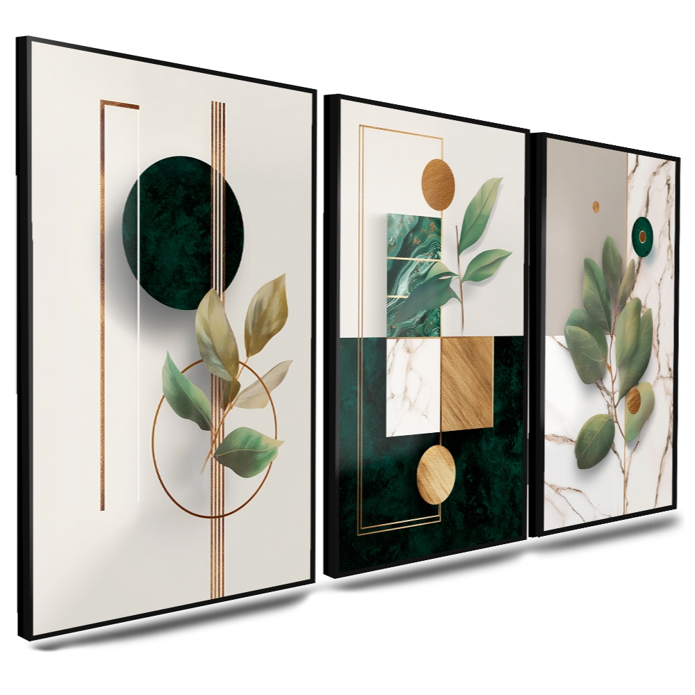 Quadros Decorativos 3 Peças Abstrato Folhas Vender e Dourado Mármore Minimalista Casa Sala Quarto Decoração Hall