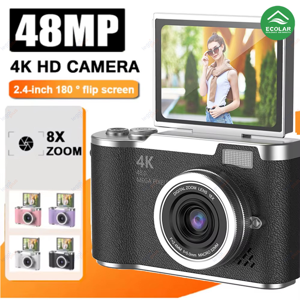 Câmera Compacta 4K com Sensor CCD 48MP Zoom 8x e Tela Flip Autofoco para Fotografia Diária