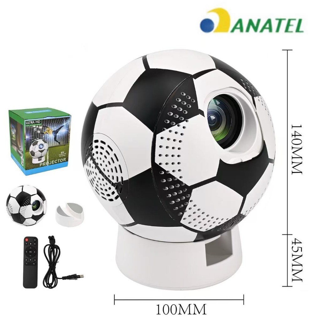 Mini Projetor Bola de Futebol Full HD 1080p com Wi-Fi | Portátil com Autofoco, Keystone e Espelhamento Android/iOS