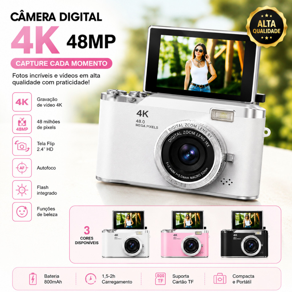 Câmera Digital 4K 48MP com Cartão 32GB Incluso Tela Flip 2.4