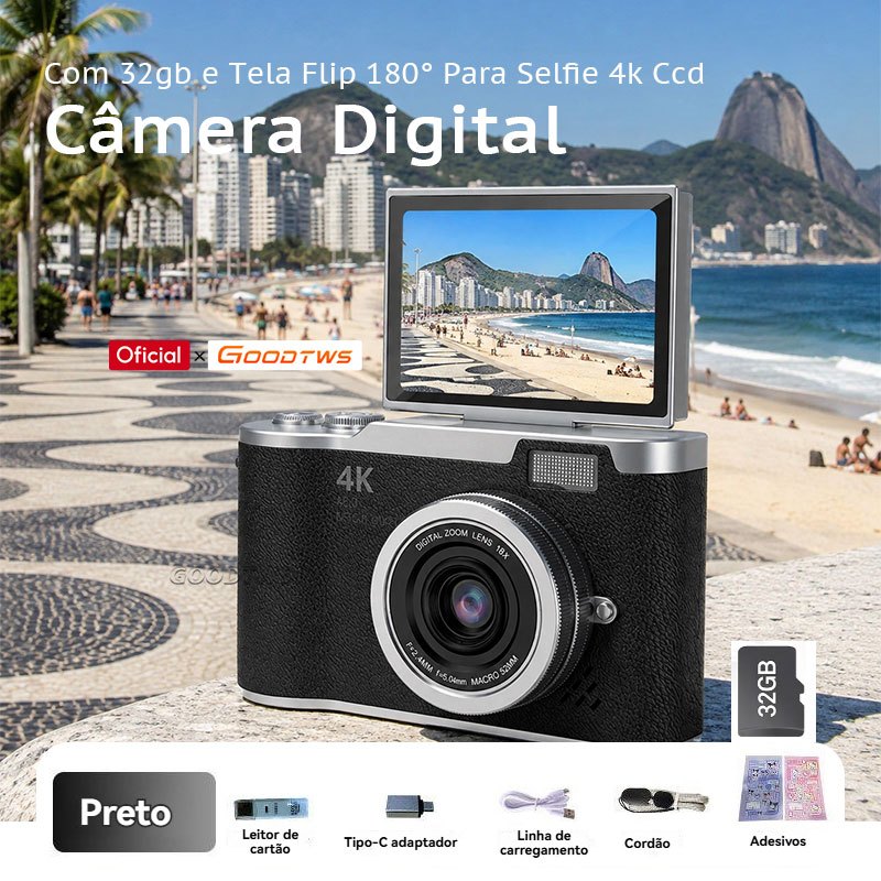 Câmera Digital Portátil Com 32g Micro SD Retrô Style Tela Flip 180° Para Selfie Estilo Vintage 4K 48mp