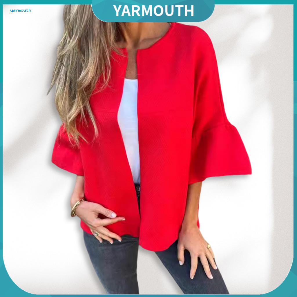 Women Solid Color Jacket Spring and Autumn Winter Women’s Thick Fleece Open Stitch Cardigan Round Neck Three Quarter H