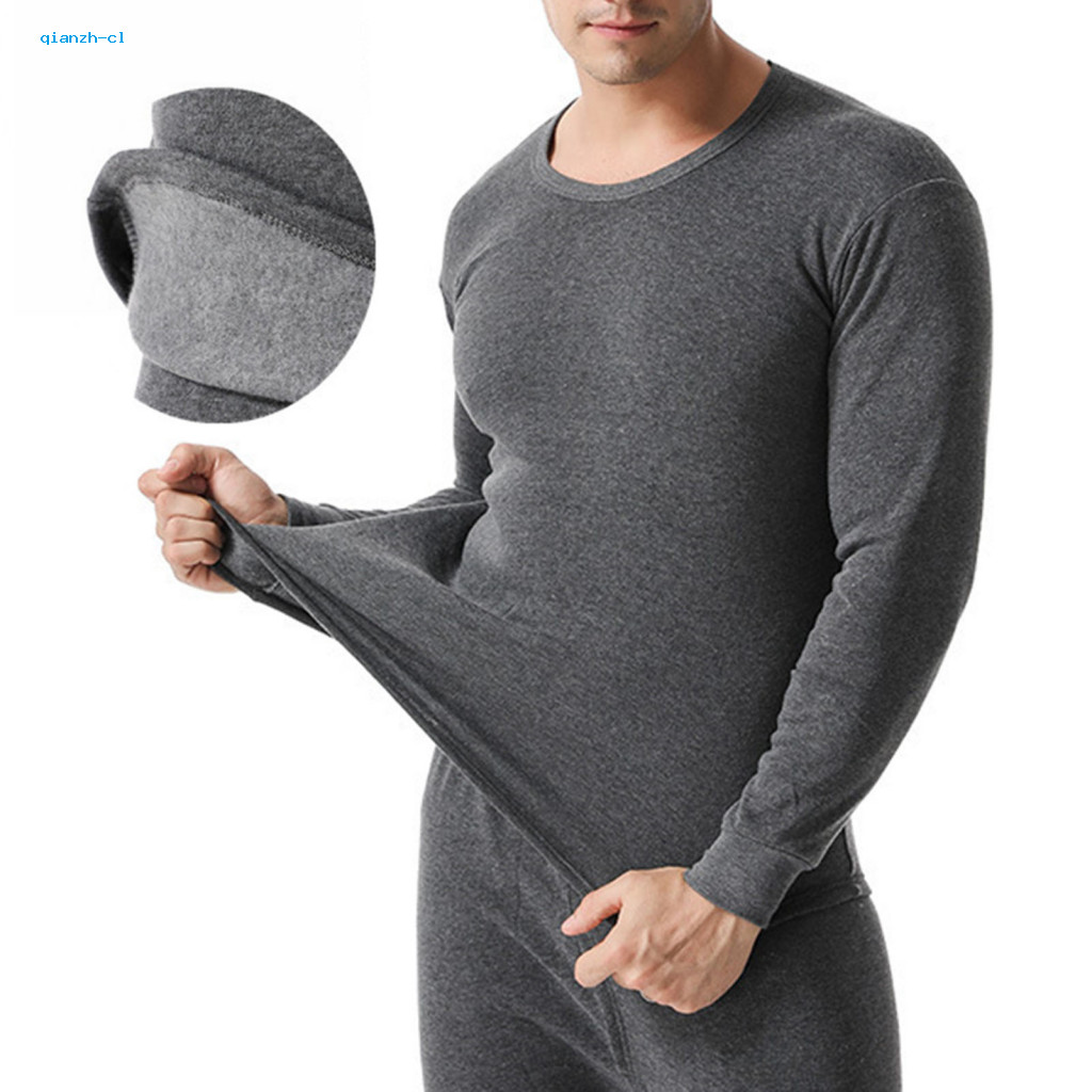 Velvet Lined Men Suit Winter Thermal Underwear Set 2 Pcs Men’s – Warm Long Sleeve Round Neck Slim Fit Elastic Open C