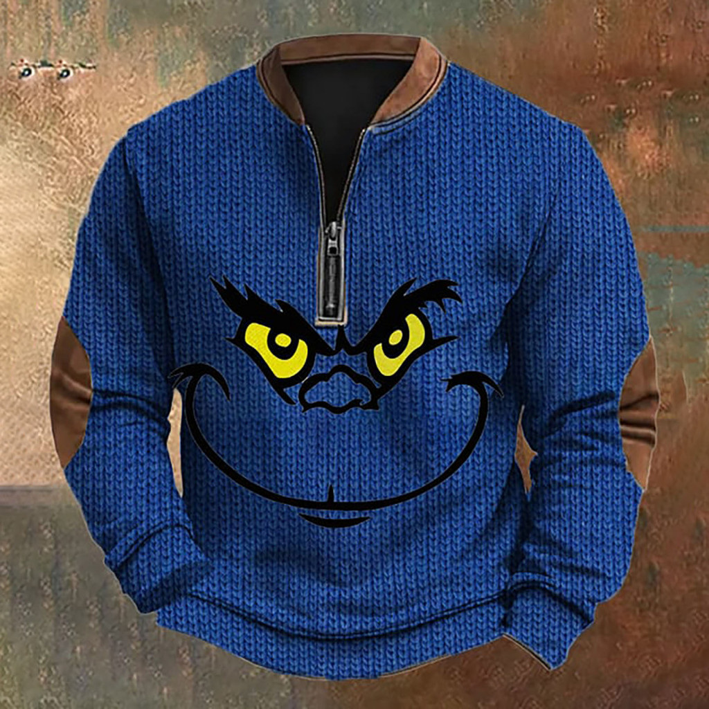 Men Plus Size Top V-neck Zipper Spring Autumn Men’s Pullover Sweatshirt Zippered Half-open V Neck 3d Cartoon Print Pat