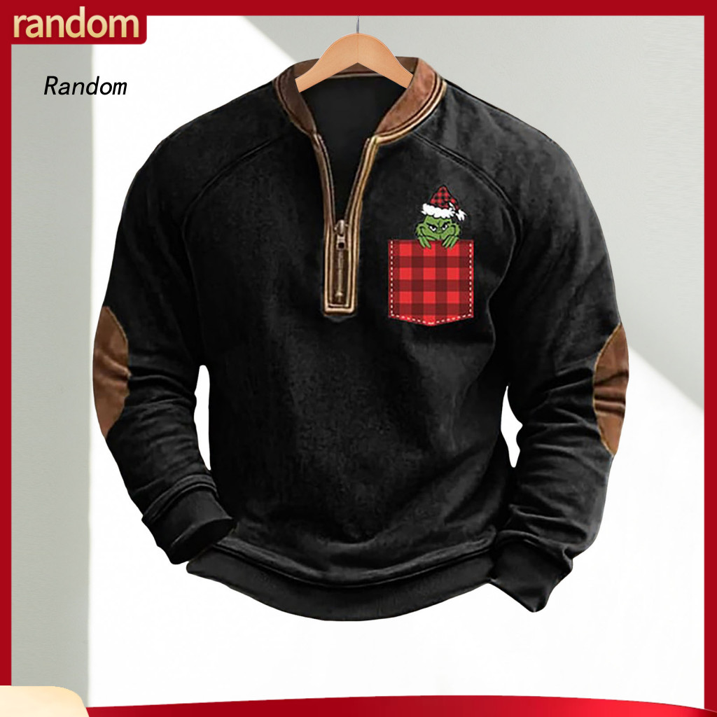 Men Plus Size Top Long Sleeve Spring Autumn Men’s Pullover Sweatshirt Zippered Half-open V Neck 3d Cartoon Print Patch