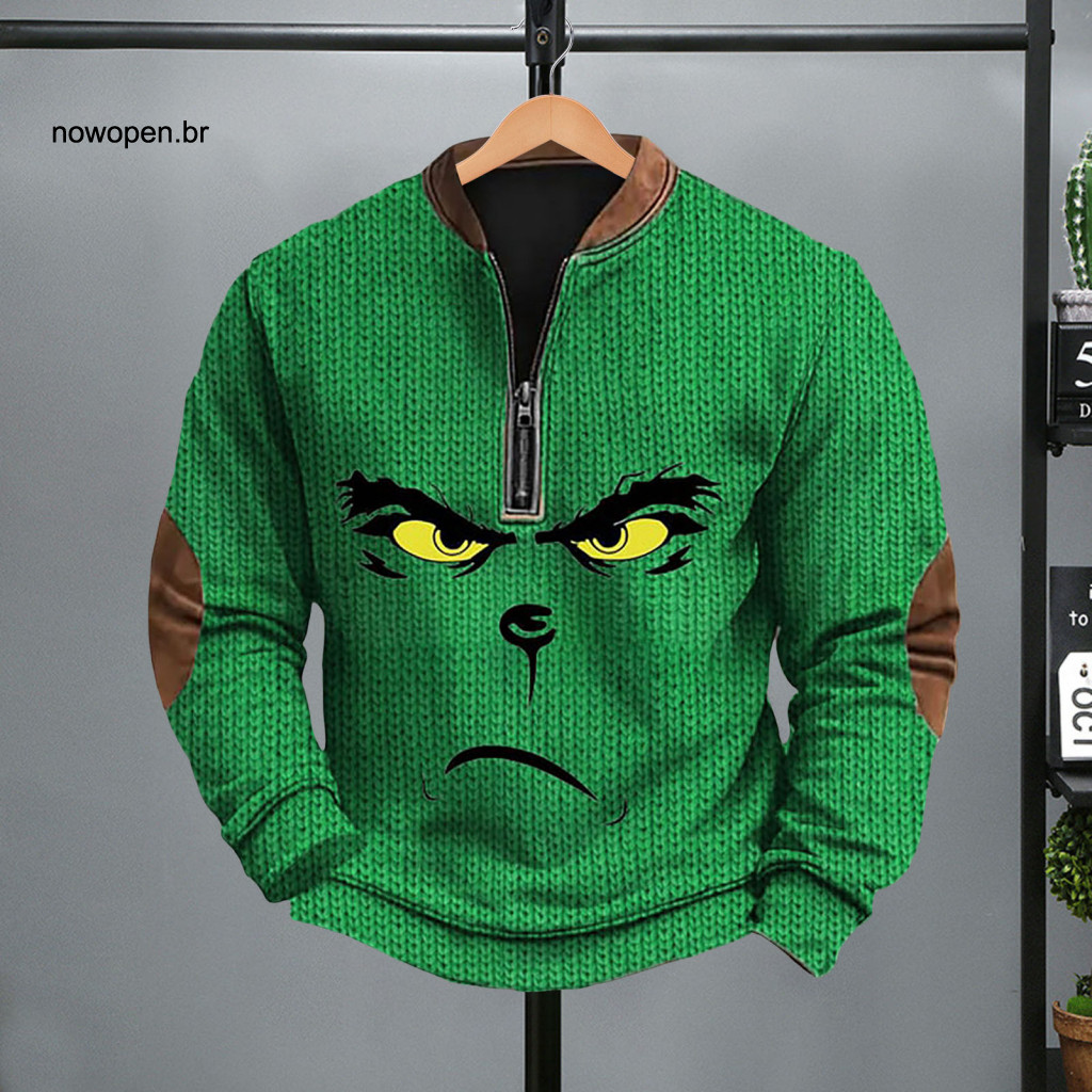 Men Holiday Top Sweatshirt Spring Autumn Men’s Plus Size Pullover Zippered Half-open V Neck 3d Cartoon Print Patchwork