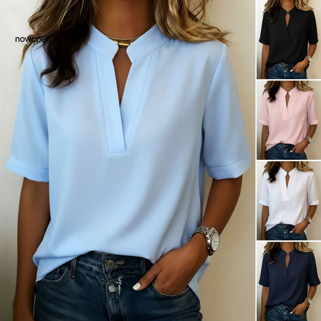 Women Breathable Shirt Loose Fit Tops Women’s V-neck Open Collar Short Sleeve Casual Summer Top Pure Color Versatile B