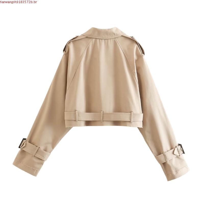 YYR-- Women Spring Autumn Cropped Coat Lapela De Casaco Cortado De Outono Manga Longa De Windbreaker Duplo Peito Cor Só