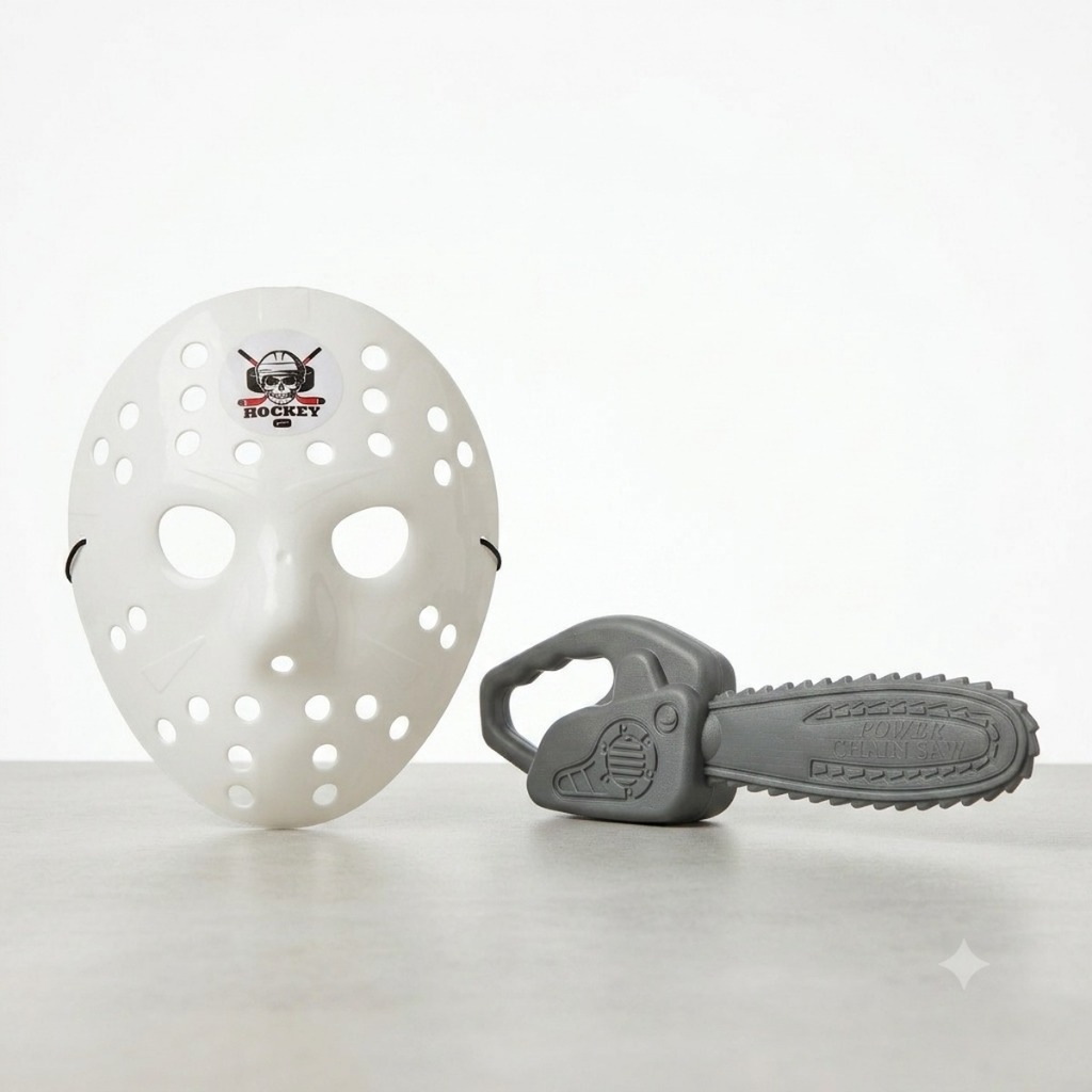 Kit Halloween Máscara Jason Terror + Motosserra Brinquedo Sexta-Feira 13 Cosplay Fantasia Festa