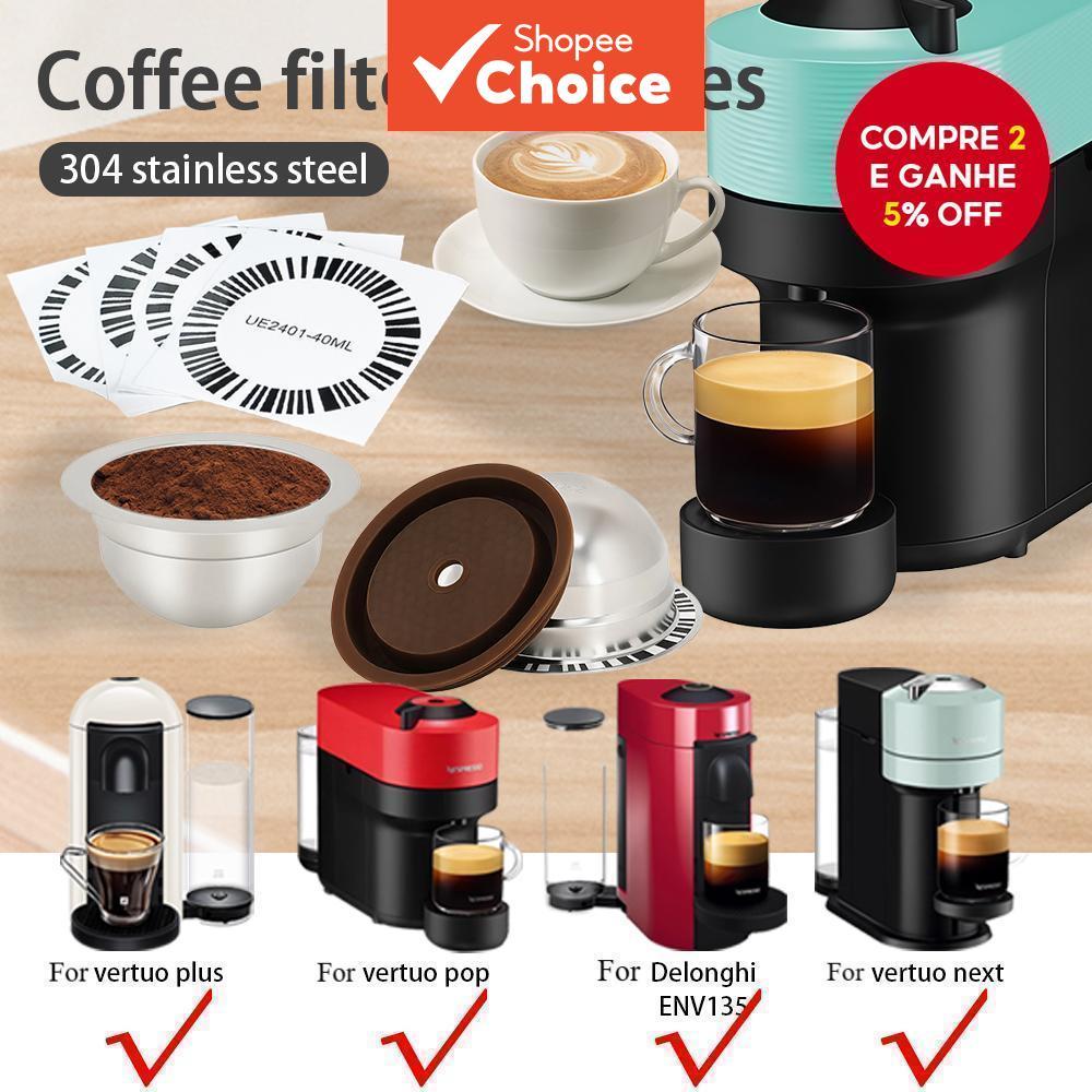 Compatível com cápsulas de aço inoxidável Nespresso Vertuo, vem com tampa de silicone e 4 adesivos de código de barras