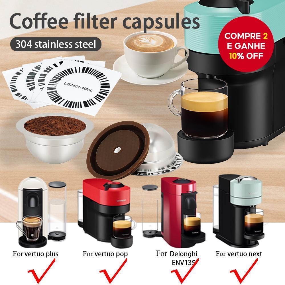 Compatível com cápsulas de aço inoxidável Nespresso Vertuo, acompanha tampa de silicone e 4 adesivos de barra de código