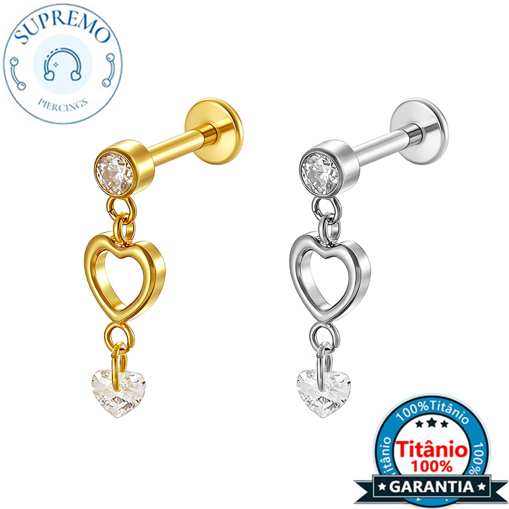 Labret Piercing Titanium PVD Heart Pendant With Zirconia Com Ear Cartilage Tragus Conch Helix Lobe