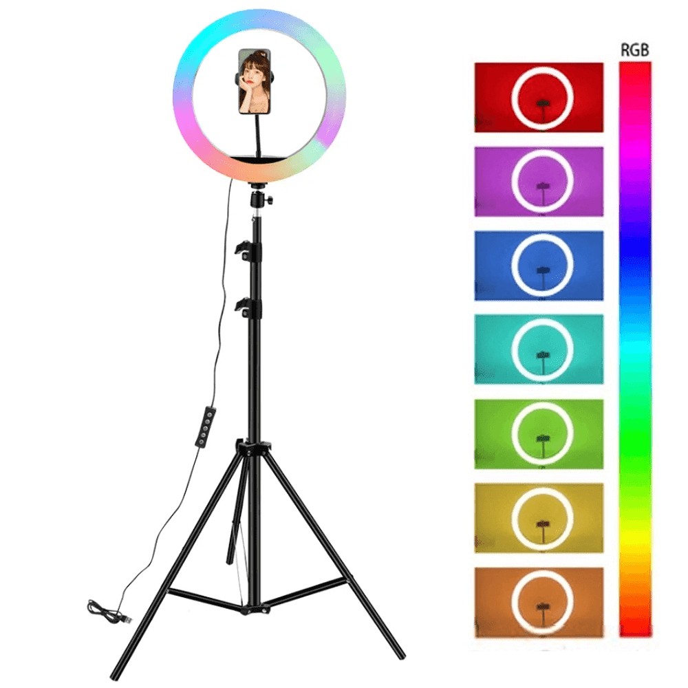KIT Ring light Rgb Led 10 Polegadas Anel Luz 26 cm Para Fotografia, Vídeo, Filmagem, Foto, Live Com Tripé 2 Metros
