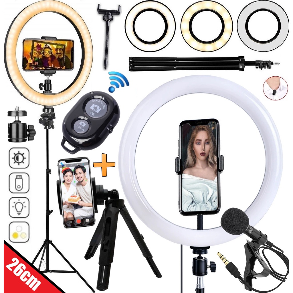 Ringlight 26 Cm Led Celular Tripe Microfone Luz Para Selfie Blogueiro Filmagem Youtuber Controle Bluetooth Foto e Vídeos