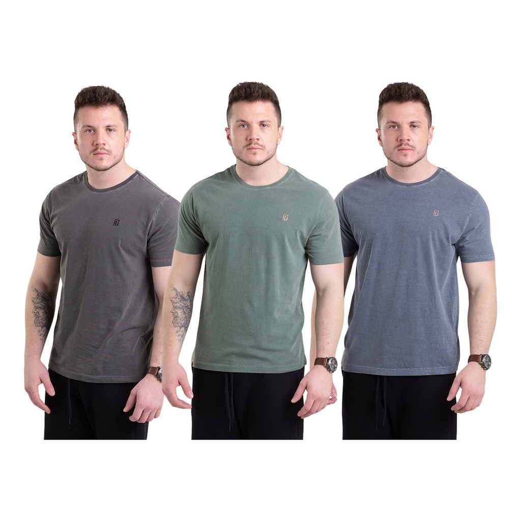 Kit 3 Camisetas Lisa Estonada Básica Algodão Casual Confort