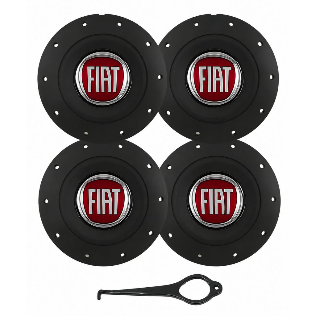 Calota Centro para Roda de Ferro Fiat Aro 14 e 15 – 4 Furos (4x100) Preta Fosca com Emblema Fiat – Jogo com 4 Peças