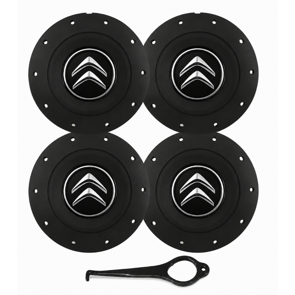 Calota Centro para Roda de Ferro Citroën Aro 13, 14 e 15 – 4 Furos (4x98 / 4x100) Preta Brilhante com Emblema Citroën