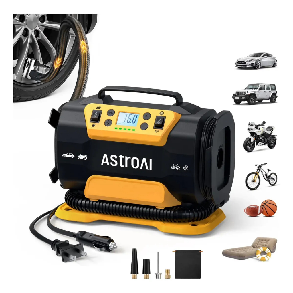 AstroAI Compressor de Ar Portátil 150 PSI 12V/110V Dupla Potência Calibrador de Pneus Automático 350 L/min