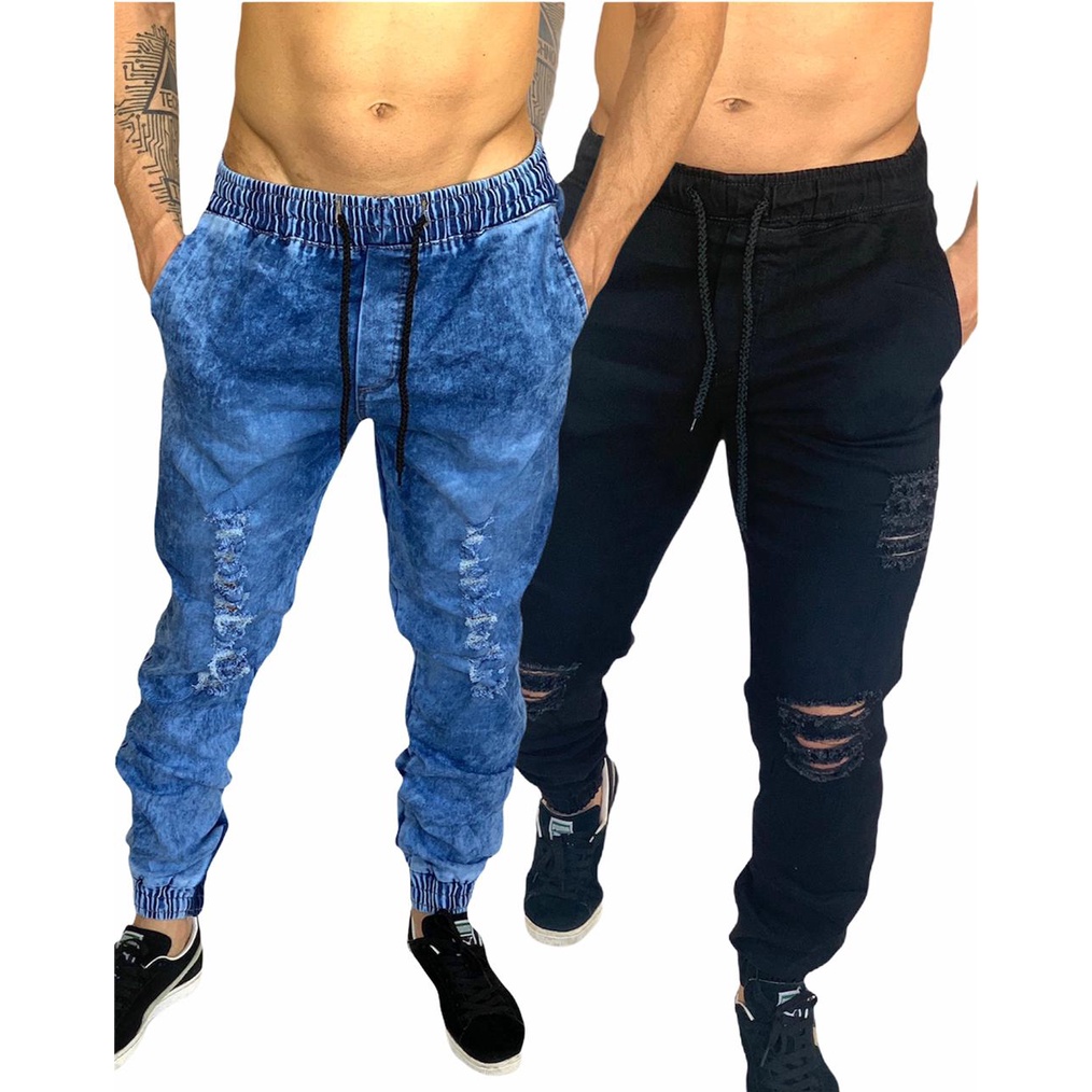 Calças Jeans Sarja Masculina Jogger C/ Punho Lycra KIT COM 2 JOGGUER
