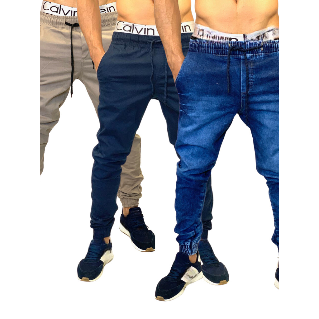 Calças Jeans Sarja Masculina Jogger C/ Punho com Lycra kit com 3 peças monte seu kit