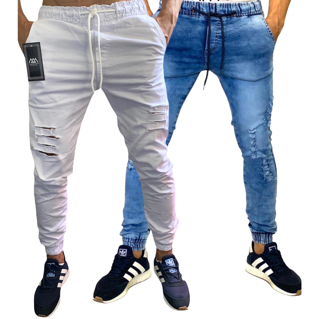 Calças Jeans Sarja Masculina Jogger C/ Punho Lycra KIT COM 2 JOGGER