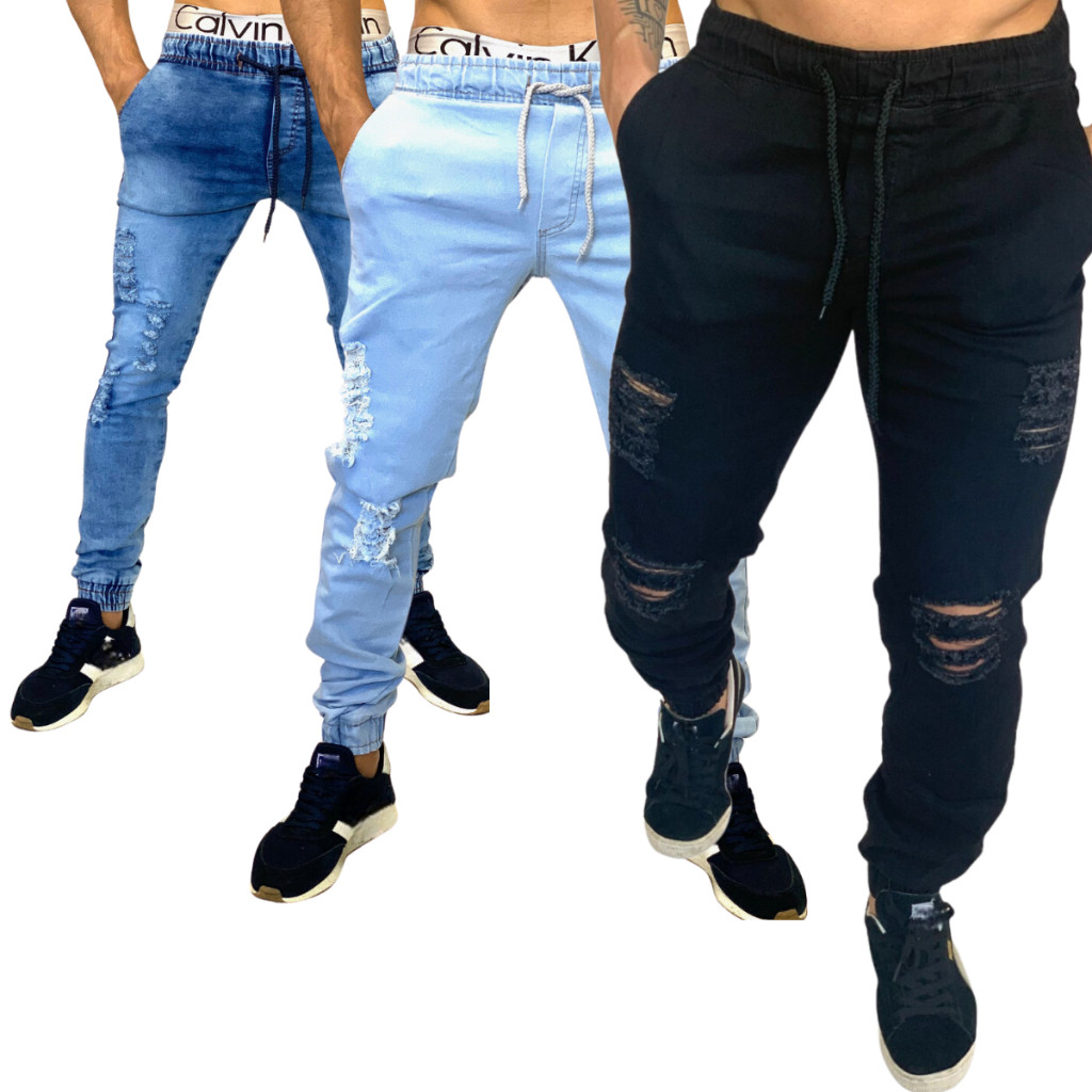 Calças Sarja Jeans Masculina Jogger C/ Punho e Lycra kit com 3 peças monte seu kit ou selecione