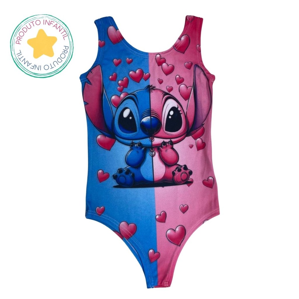 Body Collant Infantil Estampa Digital Angel e Stitch Meio a Meio
