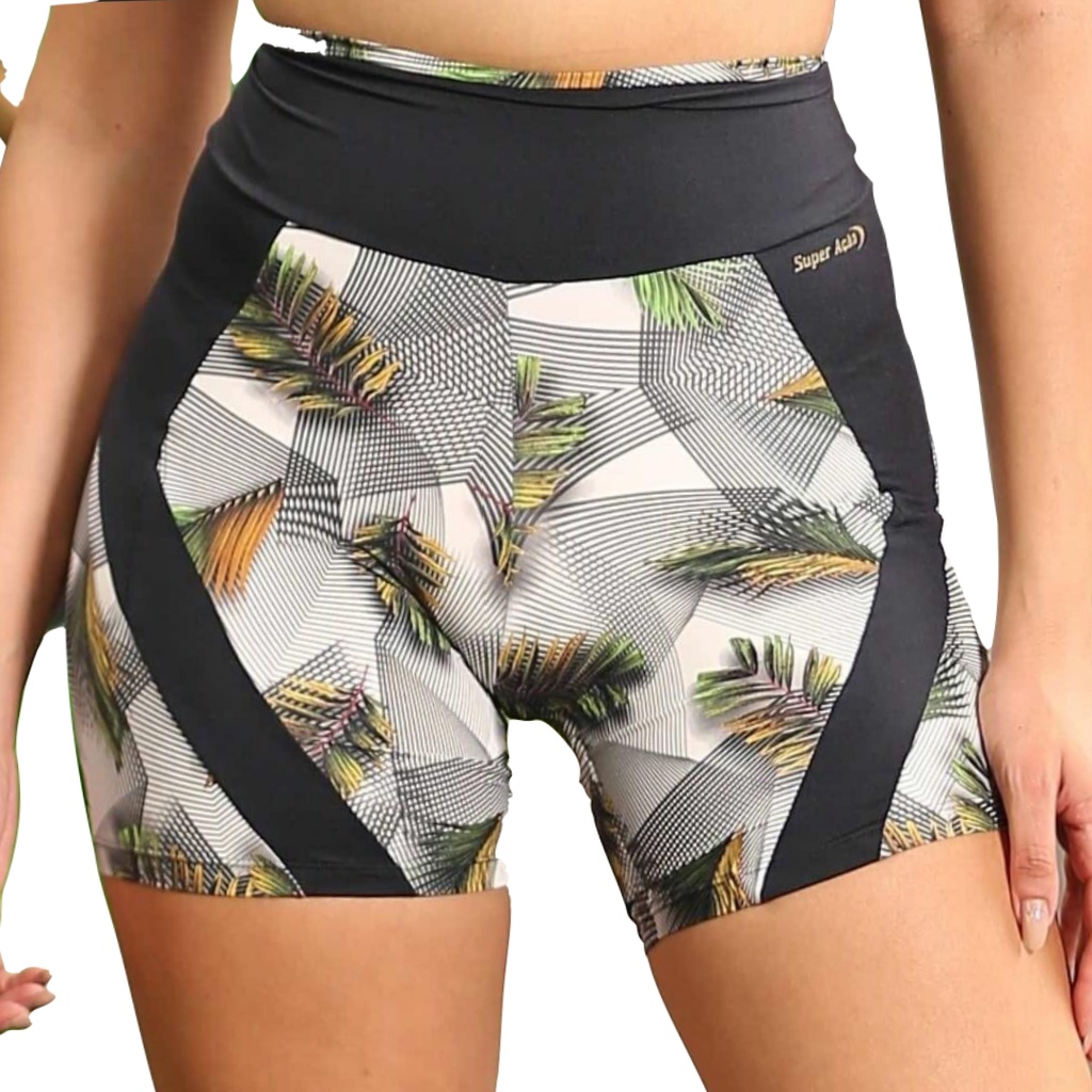 Bermudinha Fitness Cós Anatômico Recortes Estampa Digital Tropical