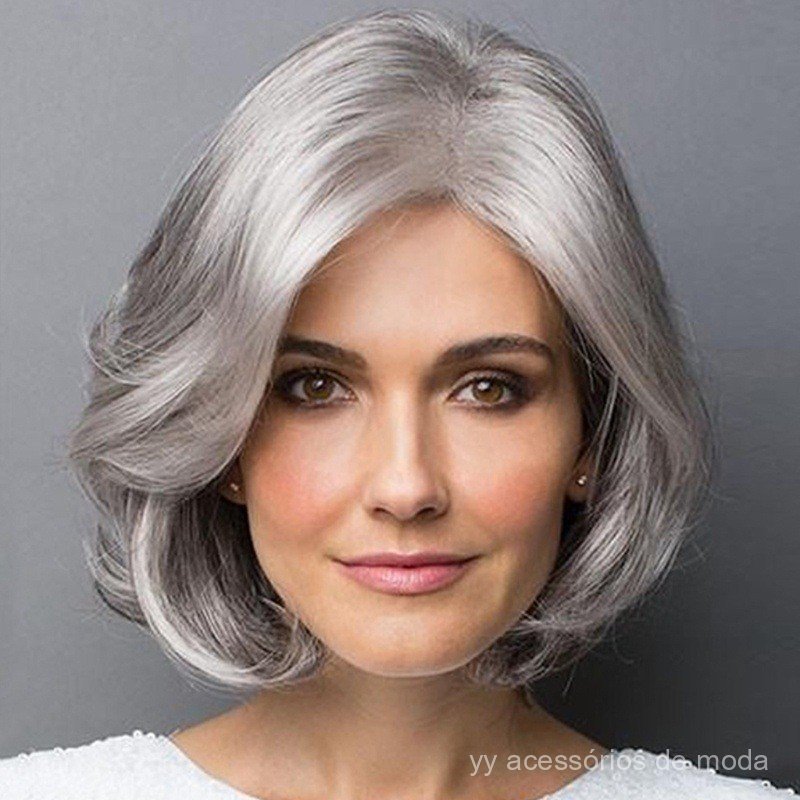 Peruca para mulheres europeias e americanas, mães de meia-idade e idosas, cabelo curto cacheado cinza-prateado, volumoso