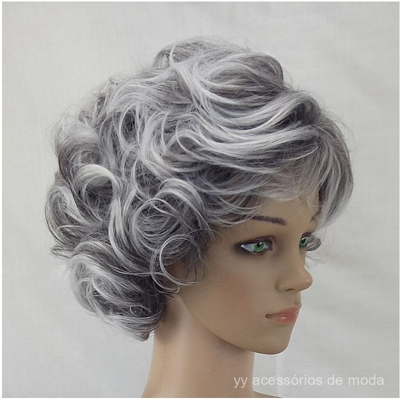 Peruca para mães de meia-idade e idosas, cor mista prata-branca, cabelo cacheado moderno, volumoso e realista, rede rosa