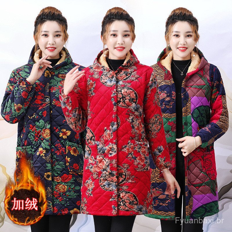 Mãe roupas de inverno forro de lã jaqueta com capuz novo estilo meia-idade idosos engrossado algodão acolchoado jaqueta