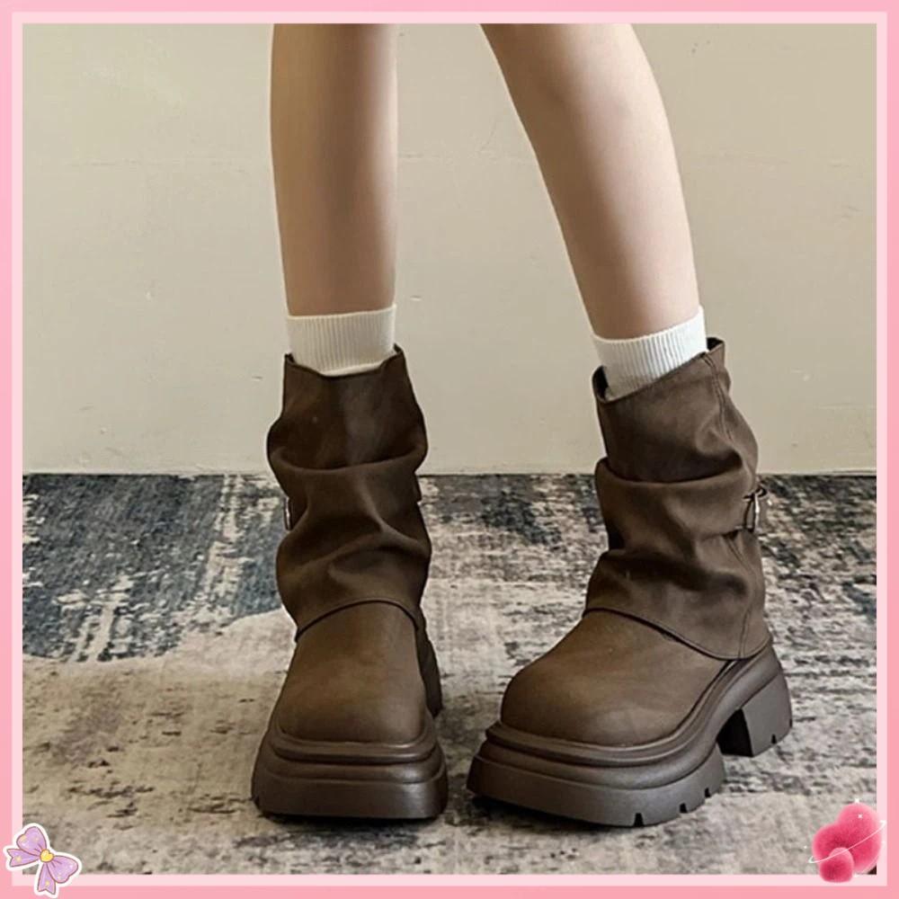 Botas De Fundo Grosso , Curtas Femininas Antiderrapantes E Resistentes Ao Desgaste Tubo De Cabeça Redonda