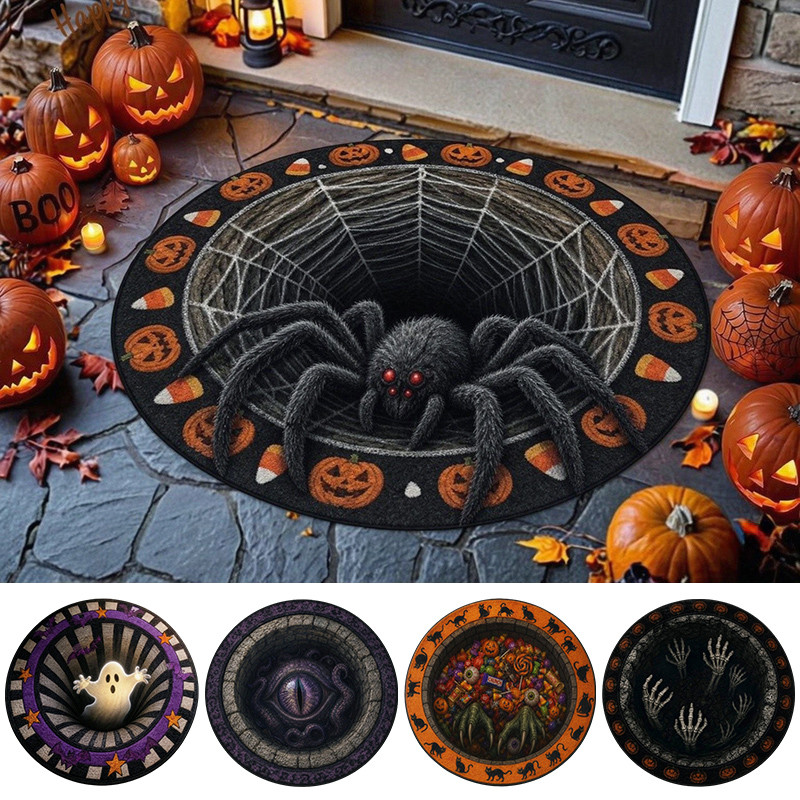 Halloween 3D Ilusão Redonda Capacho Aranha Padrão Resistente Ao Desgaste Tapete Varanda Quarto Festa Em Casa Ornamento