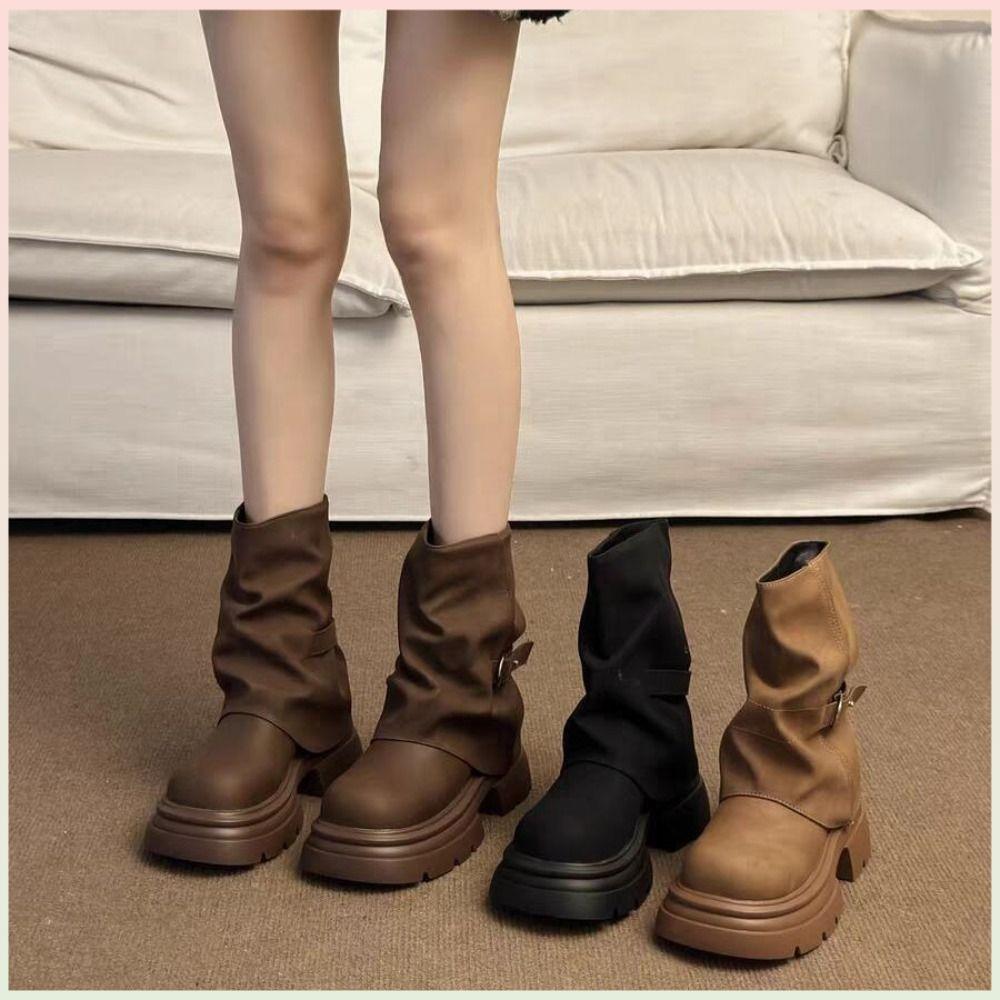Botas Curtas Femininas , Salto Grosso , Cabeça Redonda , Fundo Resistente Ao Desgaste
